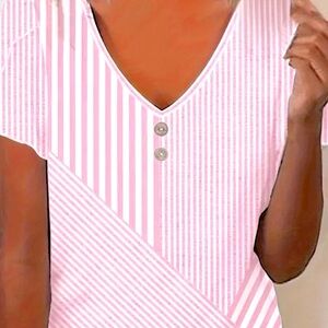 Pink Striped V-Neck Button Tee Sz.L